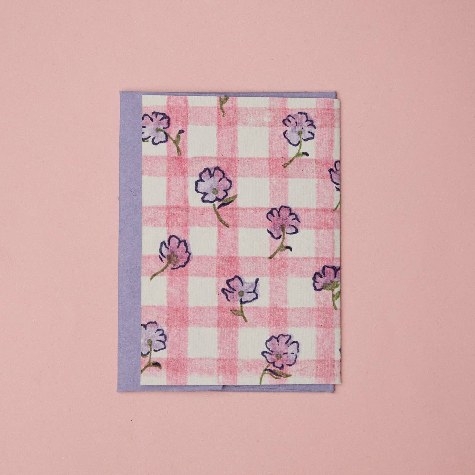 Carte fleurie – Vichy rose et fleurs violettes