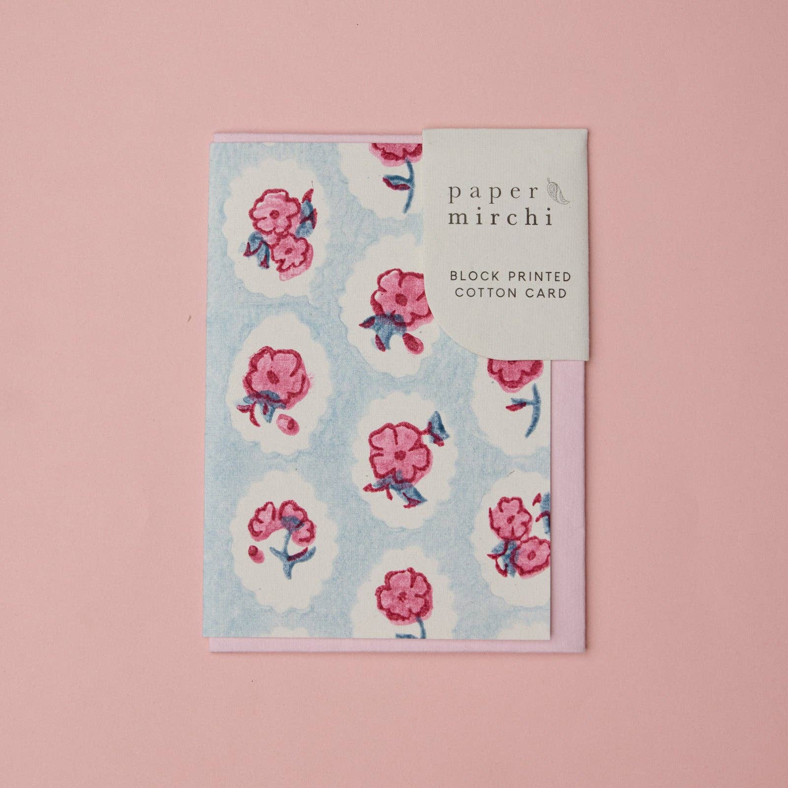 Carte fleurie – Fleurs roses sur fond bleu