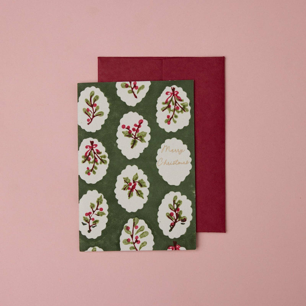 Carte de Noël – Houx sur fond vert