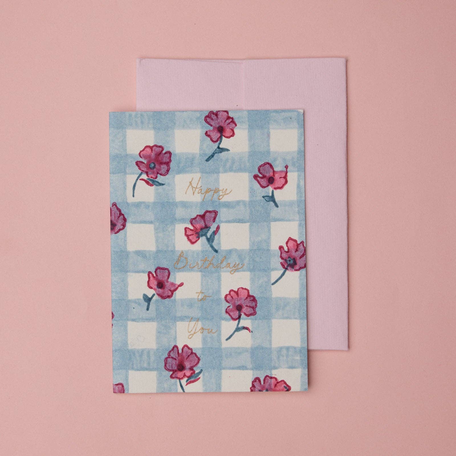 Carte d’anniversaire – Vichy bleu et fleurs roses