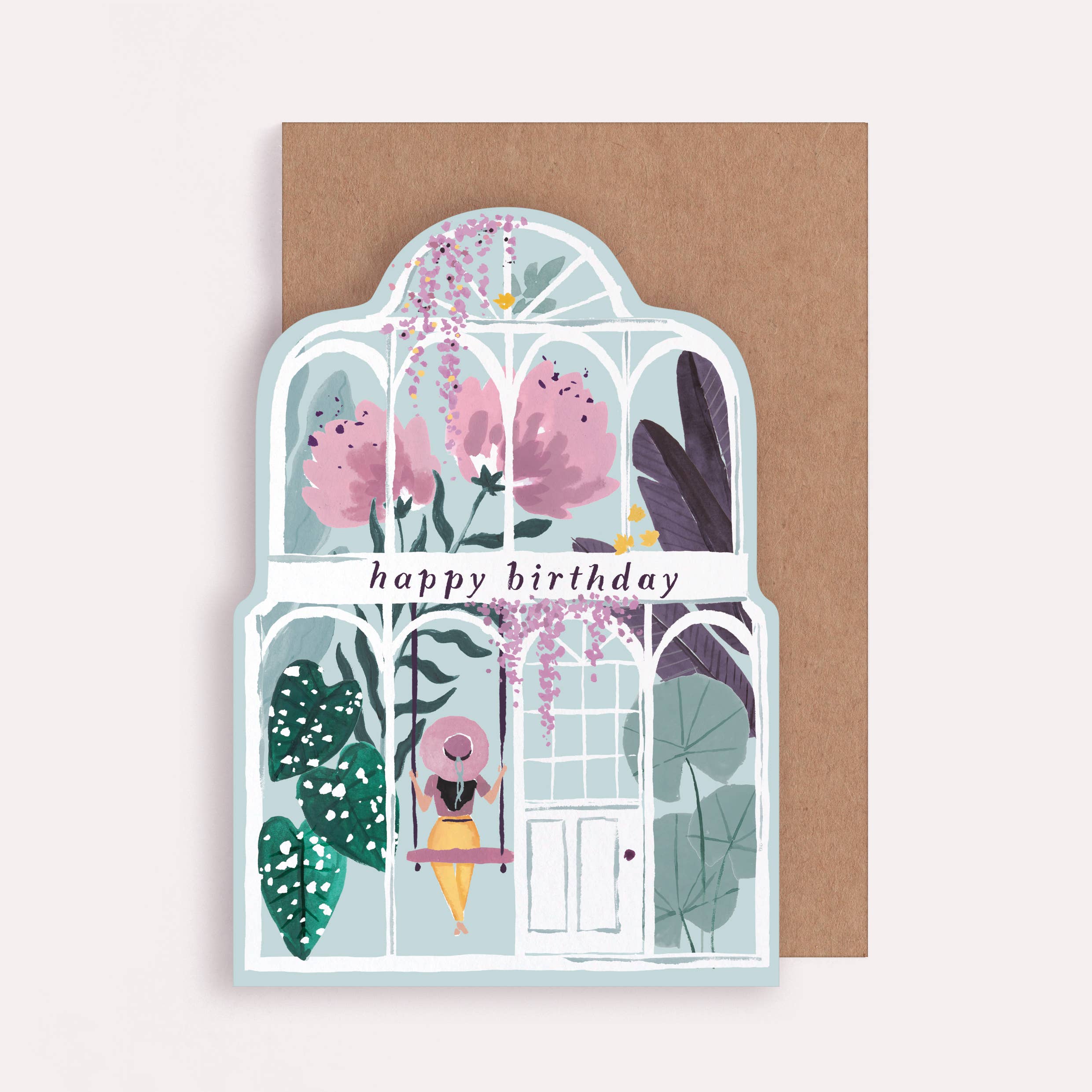 Carte d'anniversaire serre avec pivoines géantes et feuillage