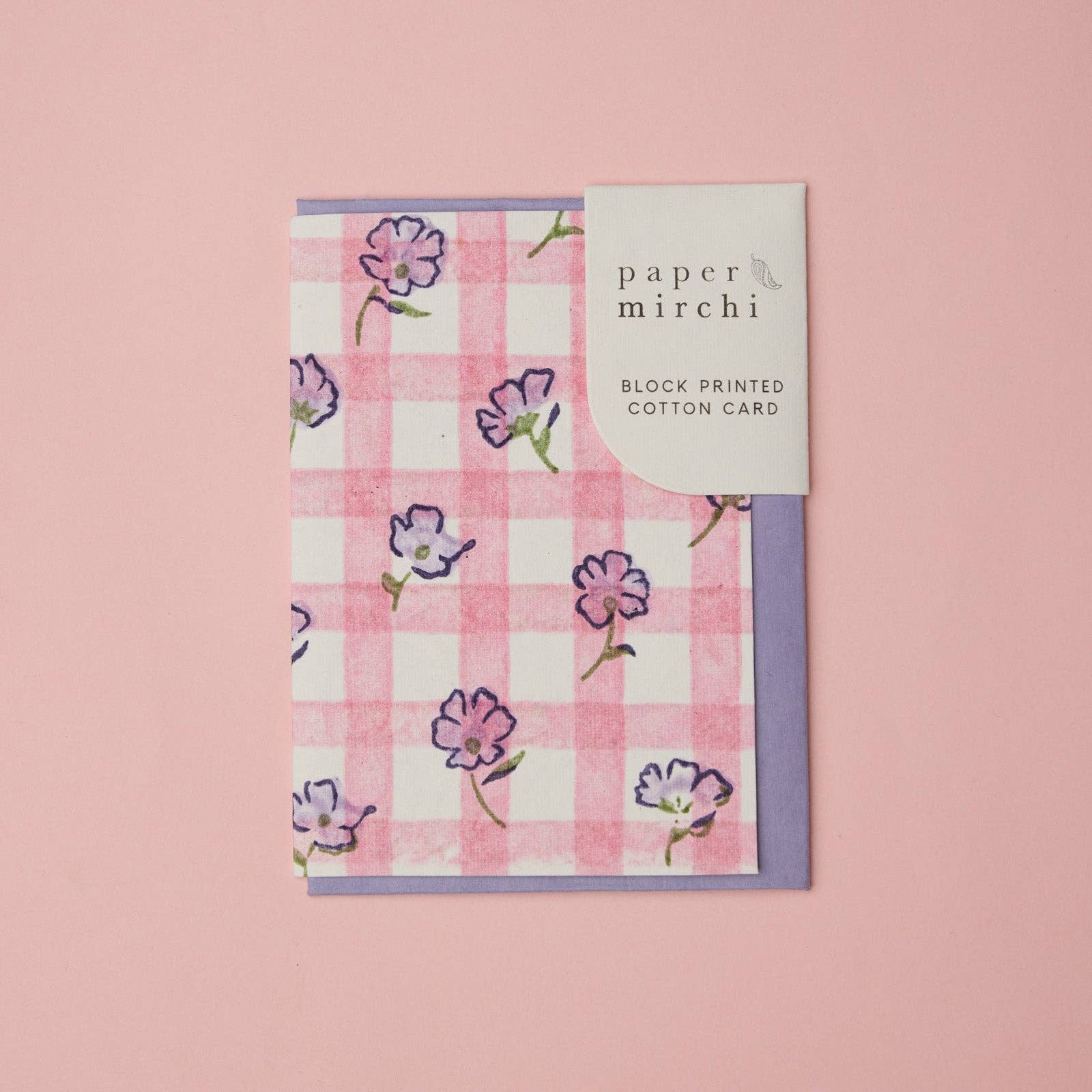 Carte fleurie – Vichy rose et fleurs violettes
