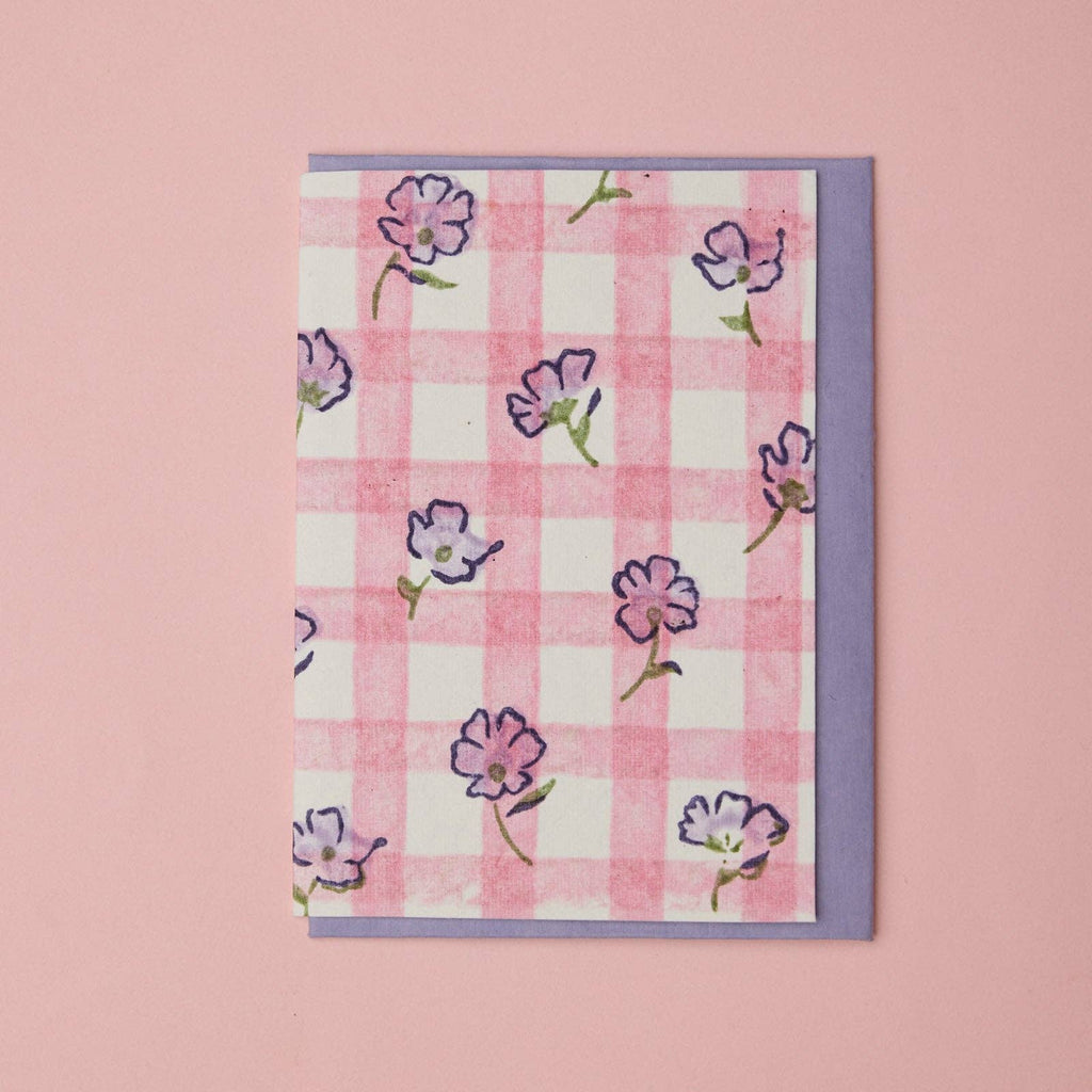 Carte fleurie – Vichy rose et fleurs violettes