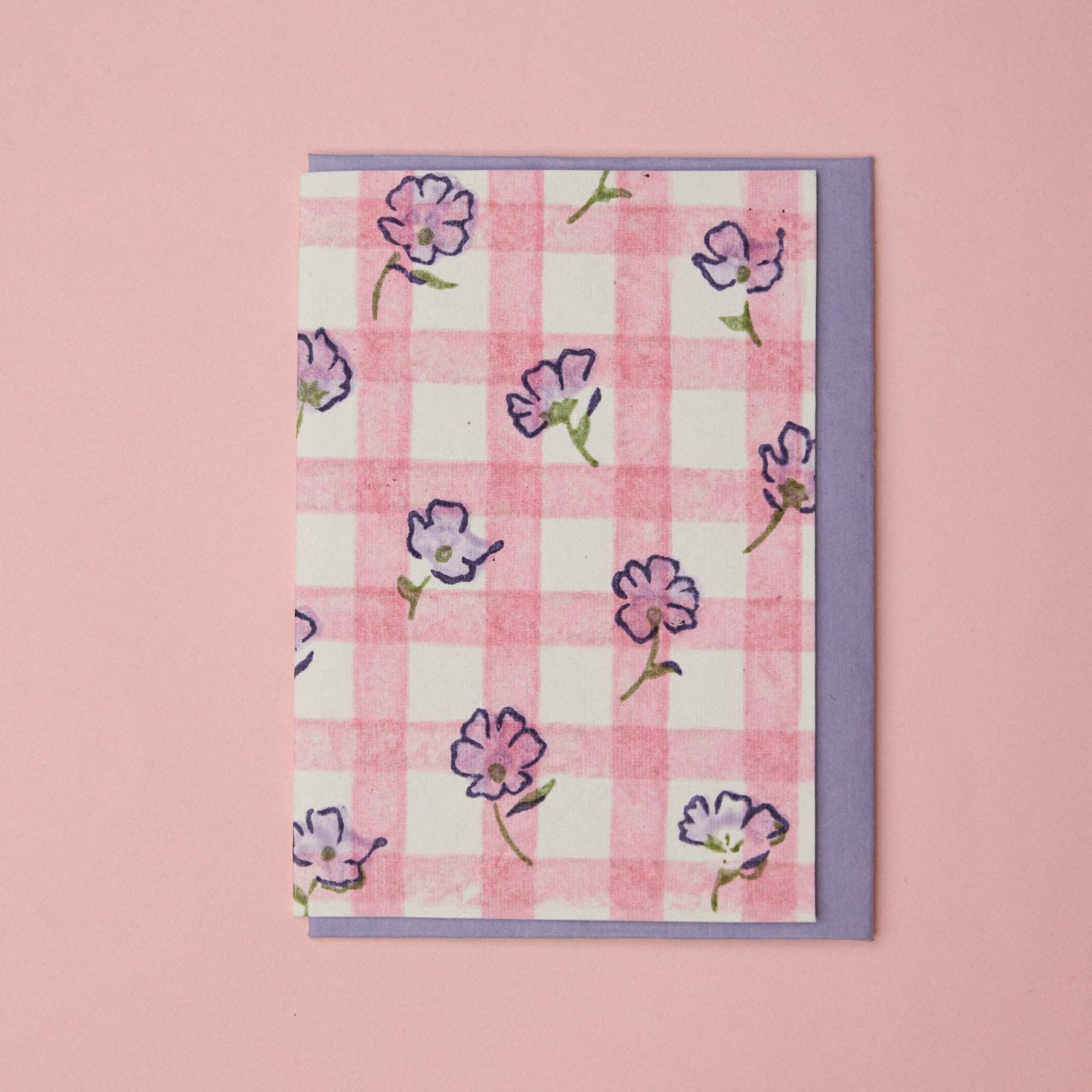 Carte fleurie – Vichy rose et fleurs violettes