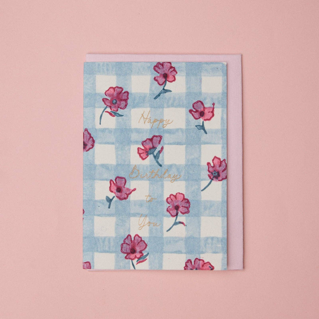 Carte d’anniversaire – Vichy bleu et fleurs roses