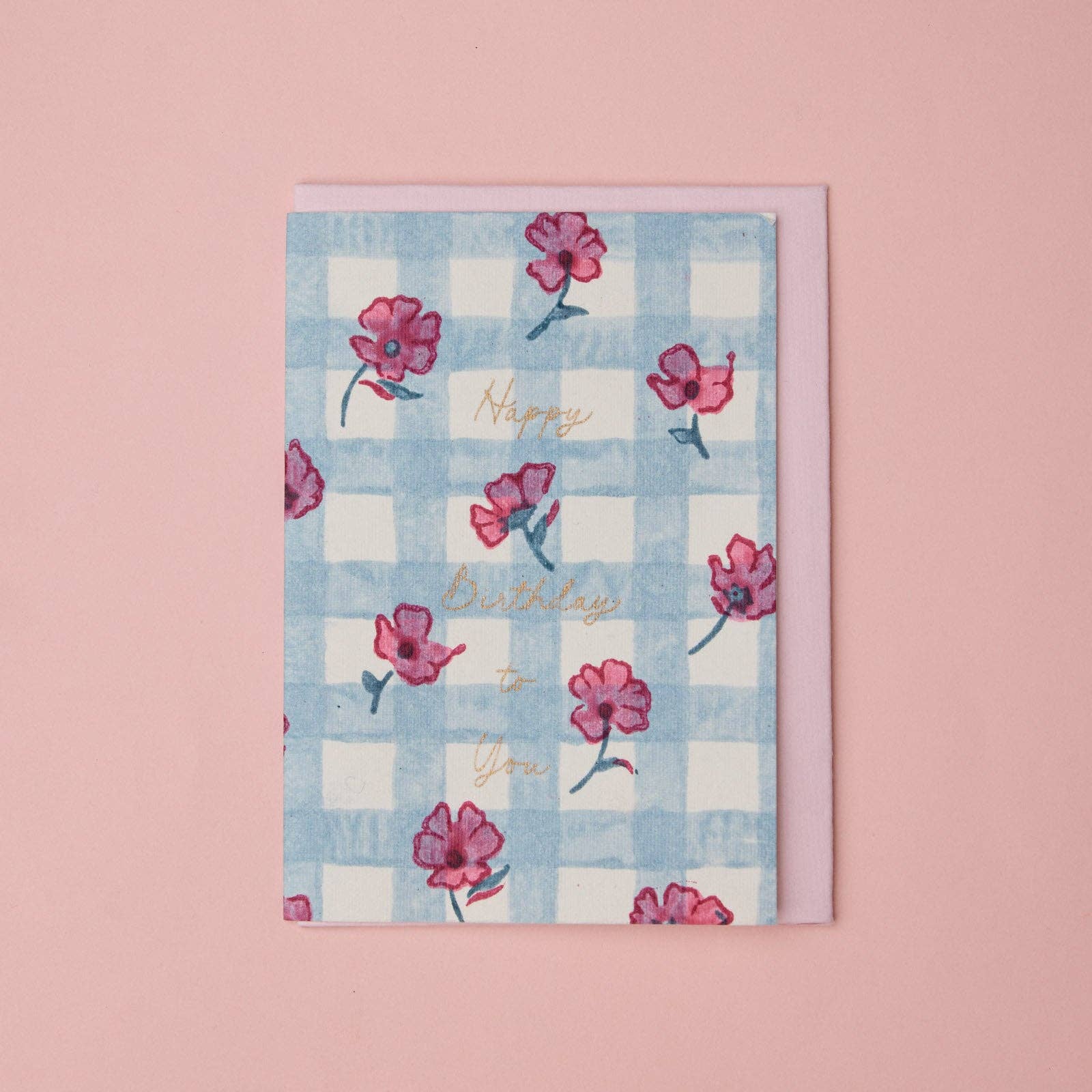 Carte d’anniversaire – Vichy bleu et fleurs roses
