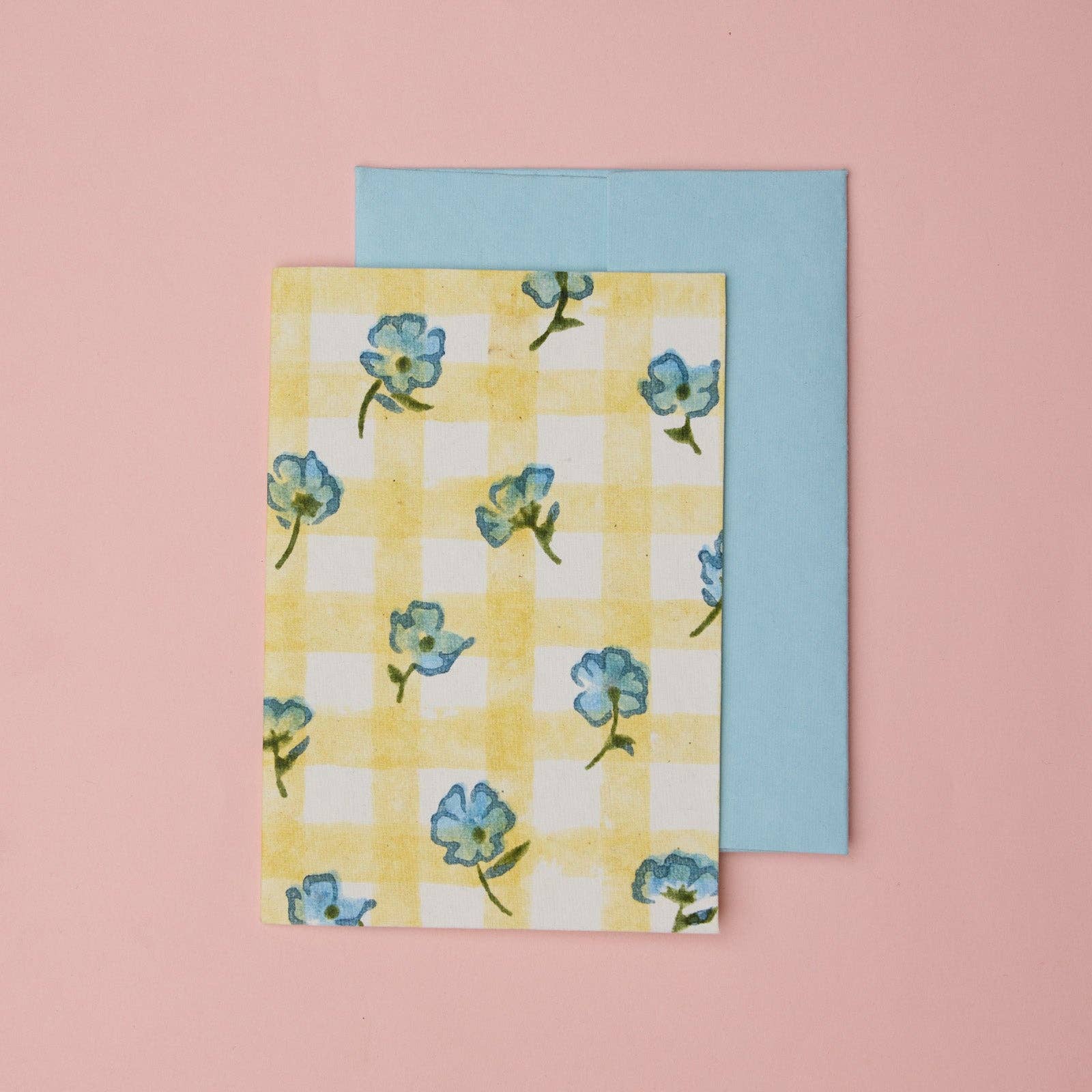 Carte fleurie – Vichy jaune et fleurs bleues