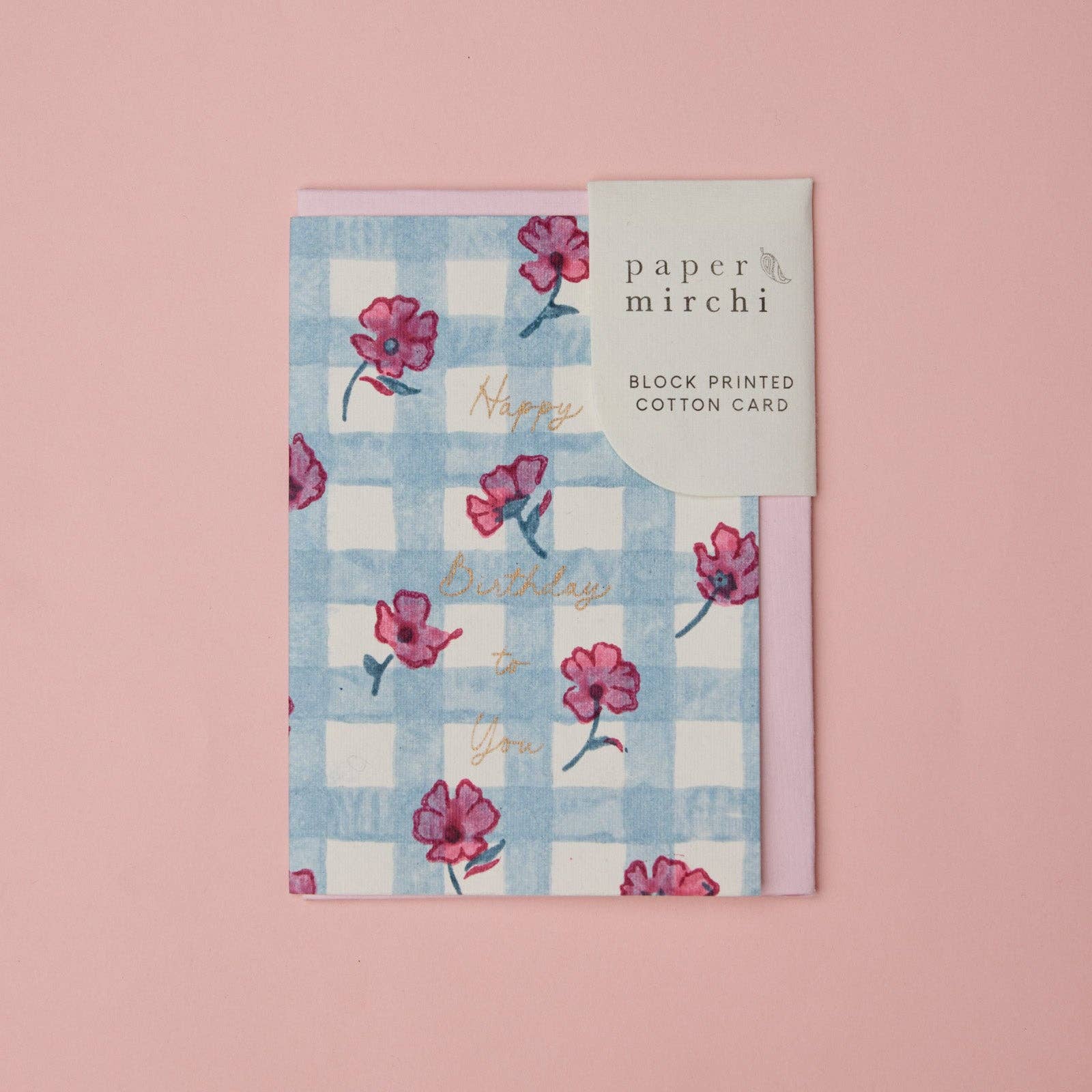 Carte d’anniversaire – Vichy bleu et fleurs roses
