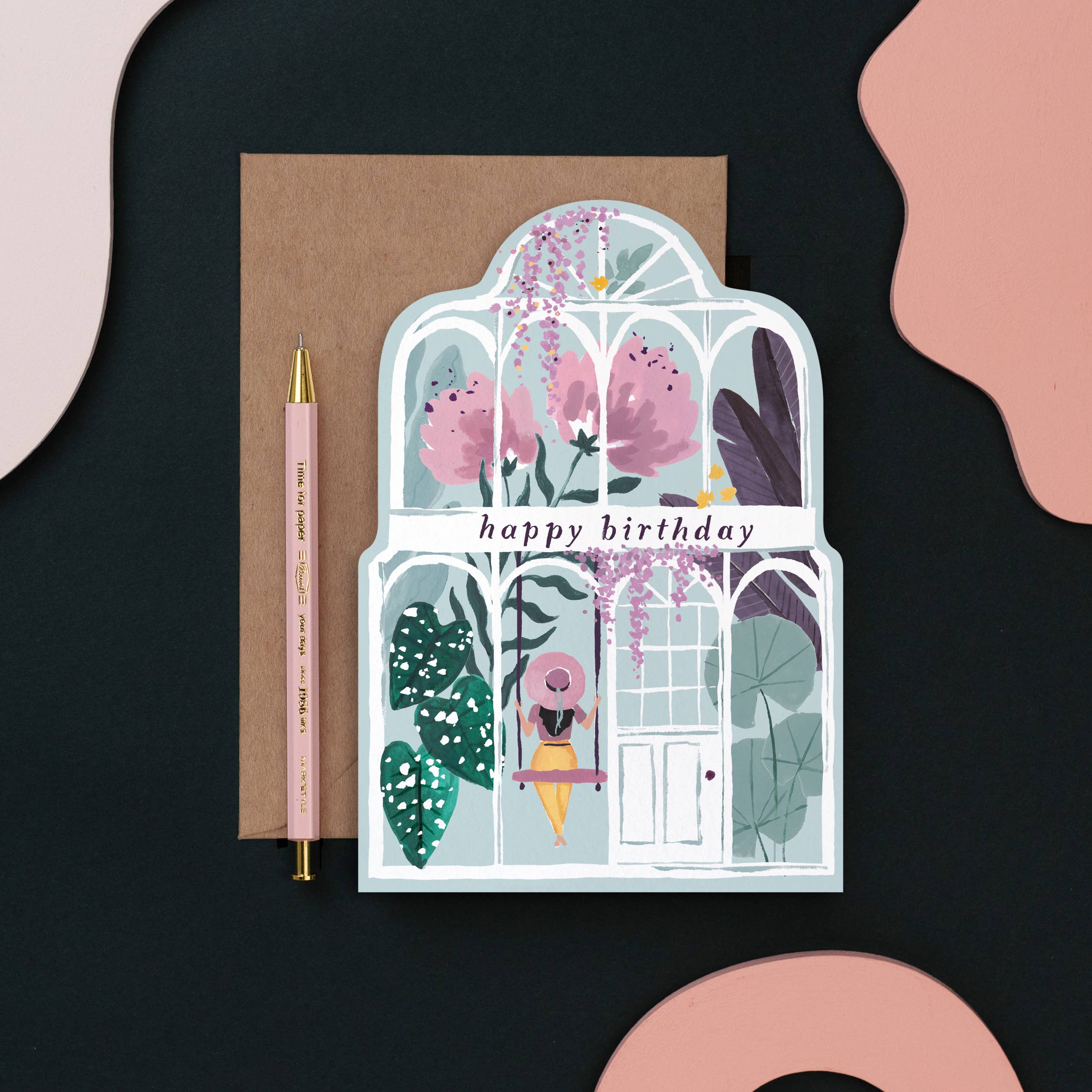 Carte d'anniversaire serre avec pivoines géantes et feuillage