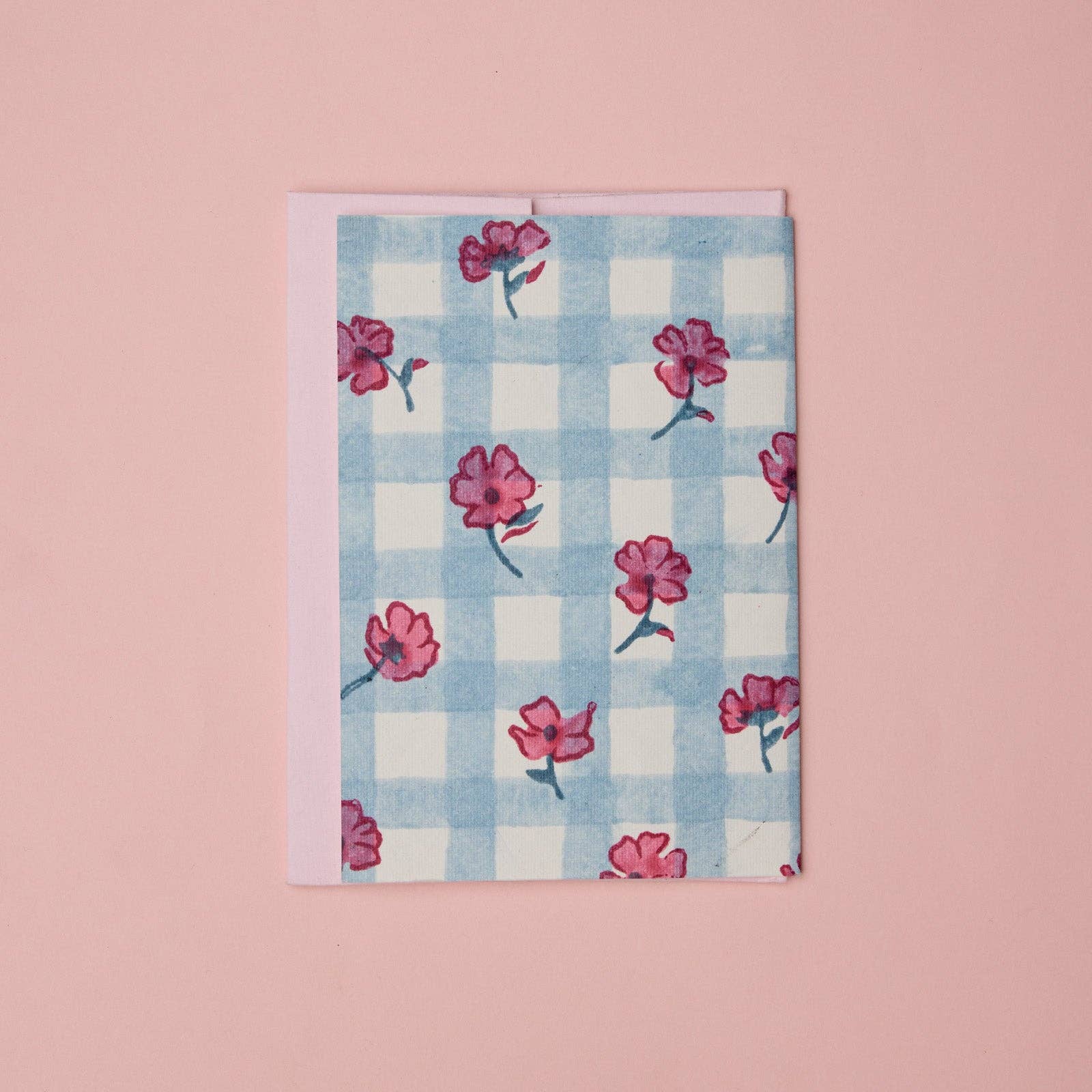 Carte d’anniversaire – Vichy bleu et fleurs roses
