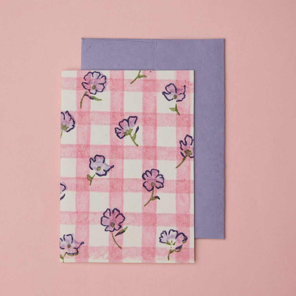 Carte fleurie – Vichy rose et fleurs violettes