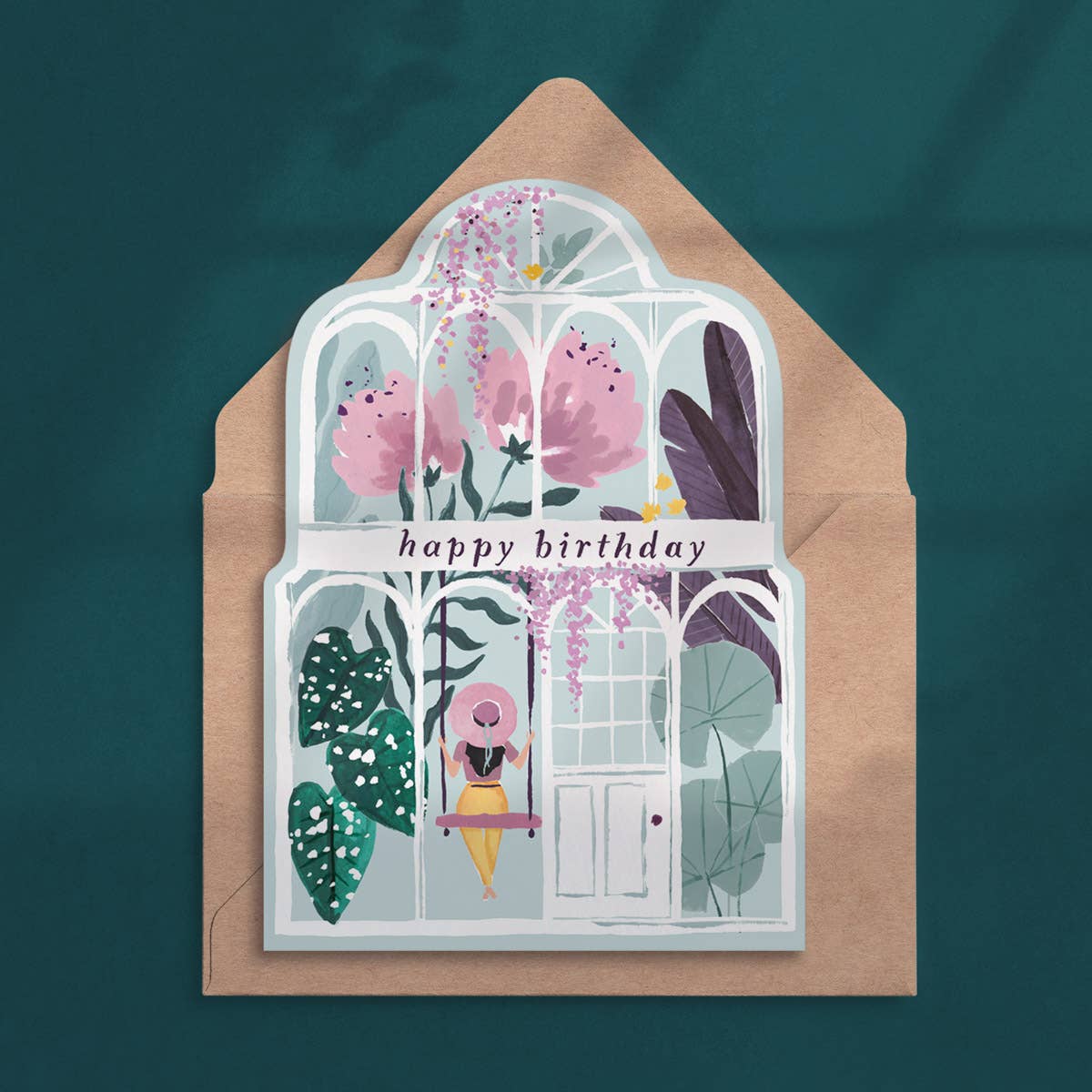 Carte d'anniversaire serre avec pivoines géantes et feuillage