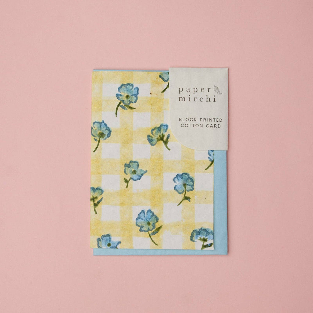 Carte fleurie – Vichy jaune et fleurs bleues