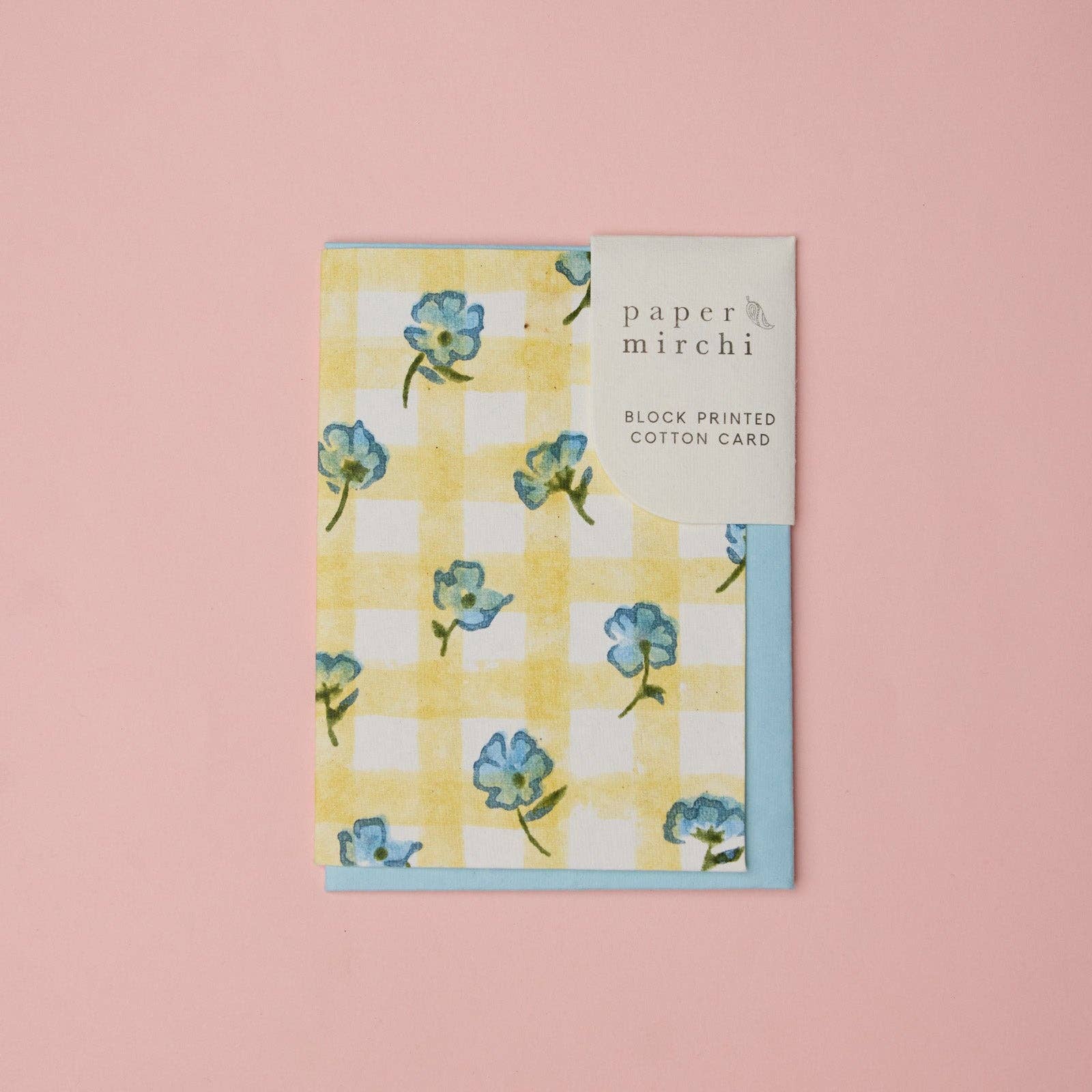 Carte fleurie – Vichy jaune et fleurs bleues